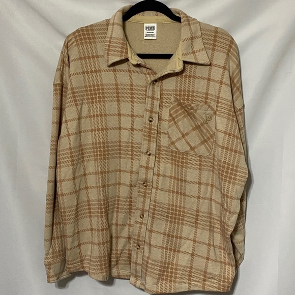 PINK VICTORIA SECRET WO SMALL TAN PLAID FLEECE COMFY LIGHTWEIGHT SHIRT / SHACKET - Picture 5 of 10